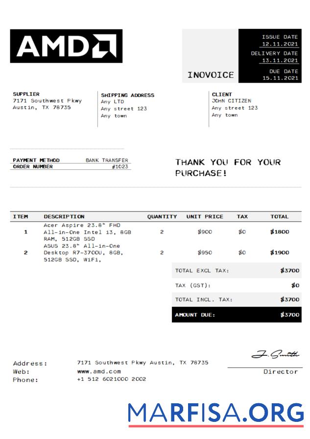 Blank USA AMD invoice sample
